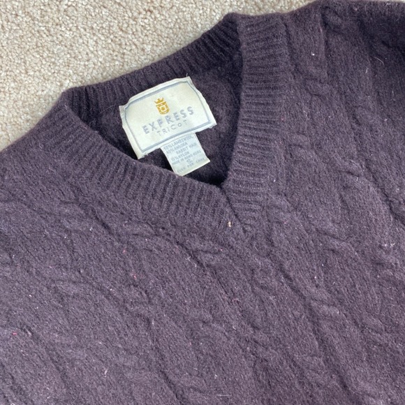 Express Tricot Brown V-Neck Cable Knit Lambswool Angora Rabbit Hair Sweater - Picture 1 of 8